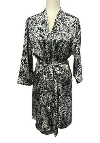 Leopard Satin Robe With Belt Tie Ambrielle Womens Small NWT Black
