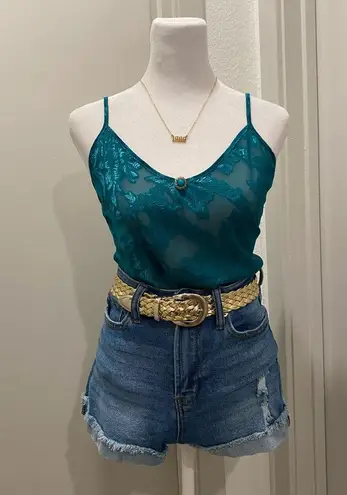 VTG 80s 90s Colesce Collection Lingerie Semi Sheer Green Floral Cropped Cami Top Blue Size L