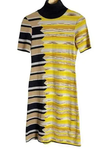 Missoni Vintage Wool Black Yellow Striped Turtleneck Short Sleeve Dress Size S