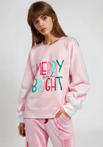 Merry & Bright Christmas Pink Velour Sweatshirt Size M