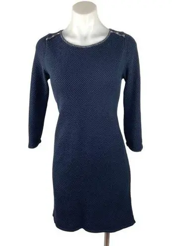 Promod Blue Waffle Knit Rib Trim Crewneck 3/4 Sleeve Career Office Shift Dress M Size M