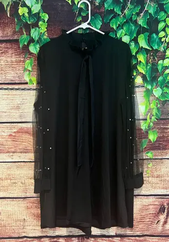 Boutique Black Midi Shift Dress PEARL Embellished Sheer Mesh Sleeves Cocktail Party XL