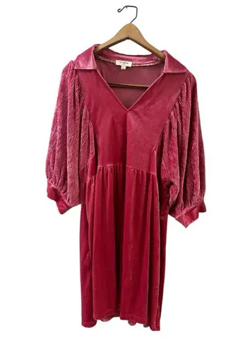 Umgee  Pink‎ Velvet Dress Collared V Neck 3/4 Pouf Sleeves with Contrast Detail L