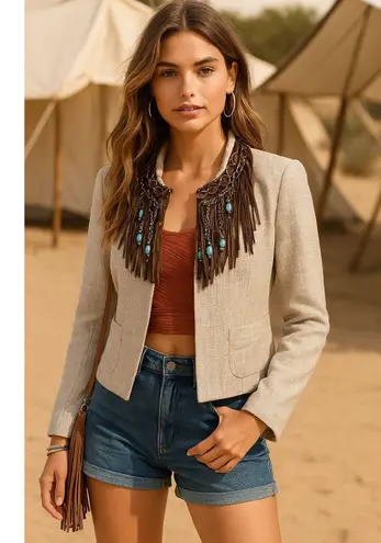 Boston Proper Boston Proper Southwest Boho Festival Jacket Womens 12 Cream Cotton Pockets