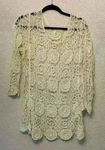 Crochet India Boutique top sz L festival boho whimsical concert floral neutral White Size L