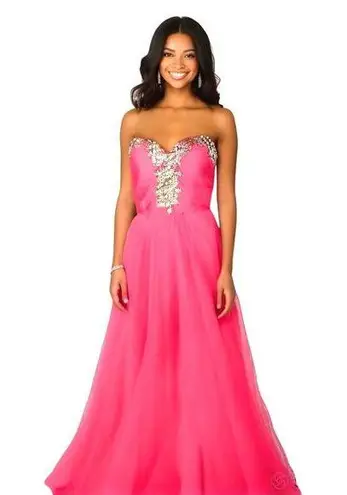 Strapless Barbie Pink Gown 4 Rhinestone Embellished Flowing Chiffon Skirt Prom