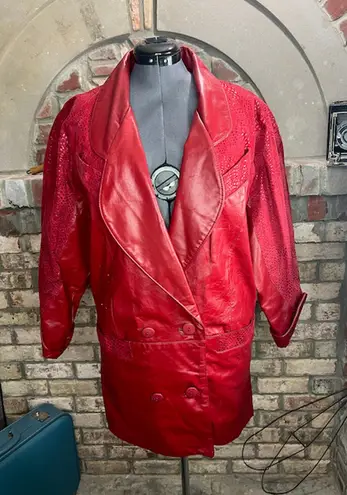 leather Jacket oversized snakeskin suede red shoulder pads Size XL