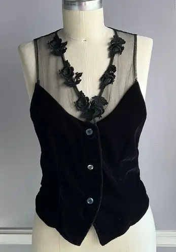 Vintage black velvet V neck whimsygoth button front vest lace trim and netting