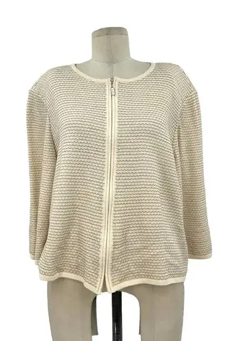 St. John Cream Ivory Stripe Knit Zip Front Sweater Jacket Size XL **Flawed