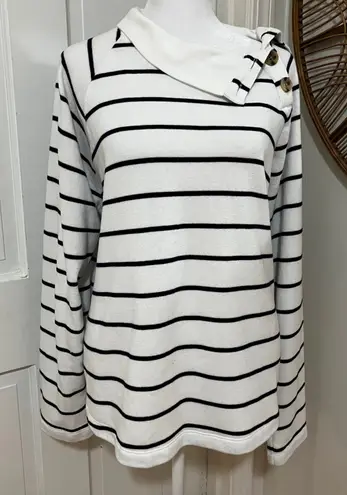 J.Crew XL Cozy Soft Warm Casual Striped Button Collar Nautical Sweatshirt Top White