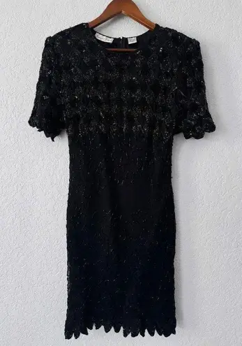 Kazar Black Silk Vintage Beaded Short Sleeve Mini Cocktal Dress Size Large