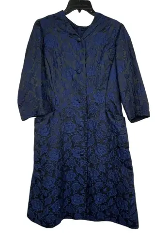 Vintage 1950s Handmade Navy Floral Brocade Coat Dress Mid Century Elegant Blue Size M