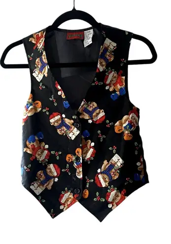 1980's Vintage Teddy Bear Black Christmas Vest Medium Holiday Indie Festive Folk