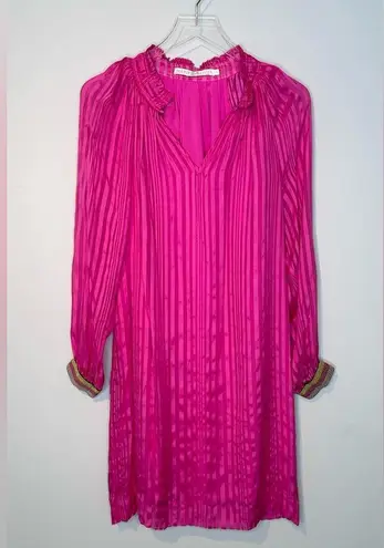 Marie Oliver Hot Pink Magenta Silk Long Sleeve Metallic Stripe Cuff Dress Size M