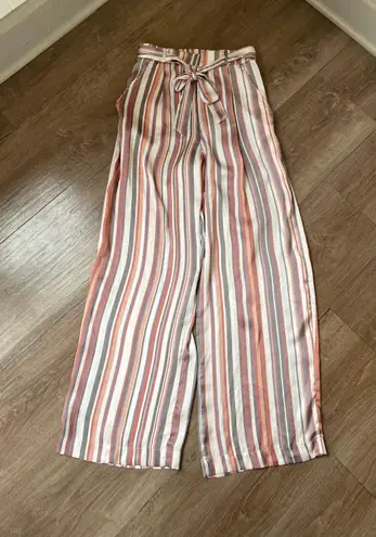 Soulmates satin striped pants elastic waist belted pink grey women’s size M