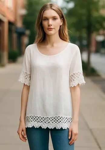 LUNGO LARNO Top Womens M 100% Linen Crochet Trim White Boho Peasant Cottage Core Size M