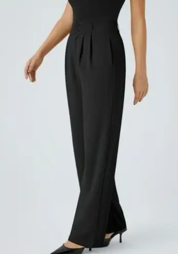 Halara High Waisted Straight Leg Work Pants Shirred Waist Zip Button Pockets ST