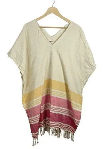 Tribe Alive Handmade Cotton Stripe Fringe Kaftan Poncho in Ivory/Pink OS