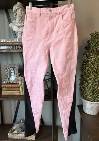 MUGLER Two Tone Twist Panel High Rise Denim Stretch Jeans Pink Black FR 40 US 8