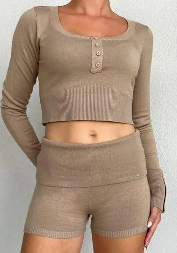 Lounge Knitted Long Sleeve Crop Top & Fold Waist Shorts Set Tan Women's Size XS