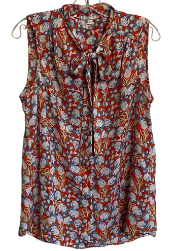 Pleione Retro Floral Tie‑Neck Sleeveless Blouse tank Orange Blue - M EUC
