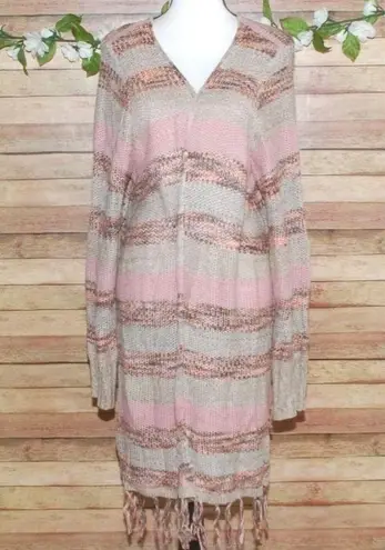 Maurice's  Boho Long Cardigan Sweater Size 3 Open Front Striped Brown Pink Fringe