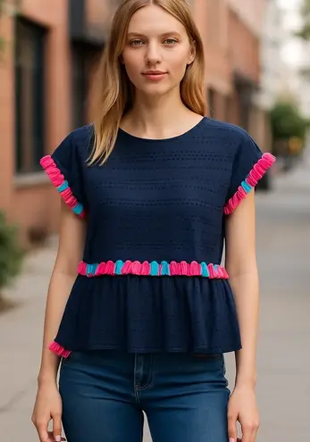Andree by Unit Andree Eyelet Peplum Top Colorful Tassels Boho Chic Blouse Size S - Image 1