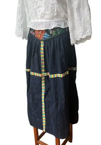 Unique Vintage Cotton Tapestry Waist Midi Skirt, Dark Navy
