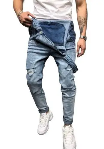 Manfinity Homme Men Cotton Distressed Skinny Leg Denim Overalls