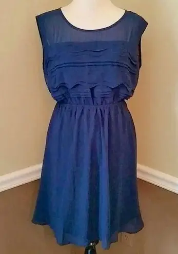 YA Los Angeles NEW Modcloth Navy Blue Scalloped Mesh Top Chiffon Dress Large