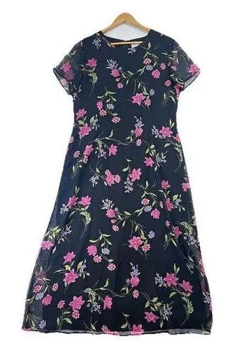 Baby Doll Maxi Dress 12 Kathie Lee Floral A Line CottageCore Y2k Romantic Retro Black