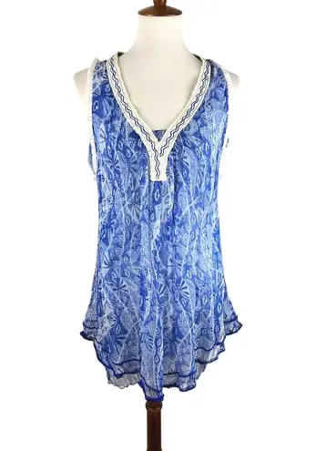 Poupette St Barth 100% Silk Blue Boho Crinkle Tunic Top L Crochet Trim Resort Size L