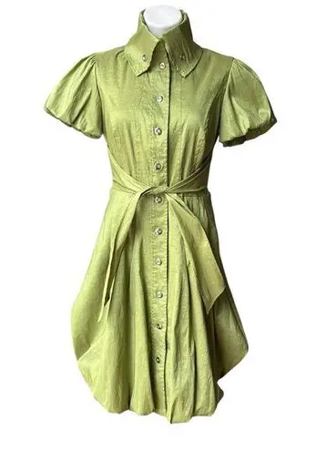 Frank Lyman Design Celery Green Bubble Hem Puff Sleeve Button Down Belted Dress Size 6