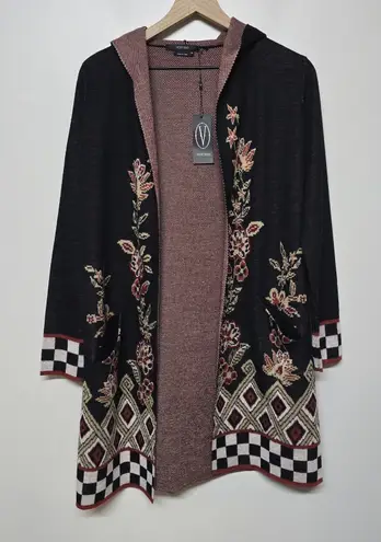 Vertigo Paris Vertigo Black Multi Hooded Knit Cardigan Jacket XS Floral Boho Pockets NWT $328