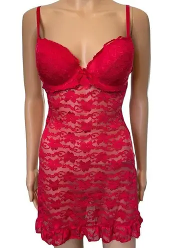 Be Wicked Red Sheer Romantic Floral Lace Padded Underwire Ruffle Bow Slip Dress Size M