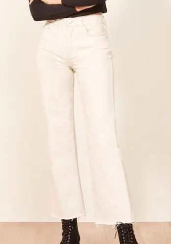 Reformation  Fawcett Ivory High Waisted Straight Flare Leg Raw Hem Jeans