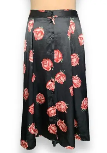 Notations Vintage Petite Skirt Black Red Rose Print Floral Button Front Cottage