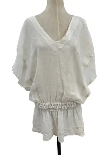 Sunday Saint Tropez Coverup Dress Linen Dolman Sleeve Smocked Cream One Size White Size undefined