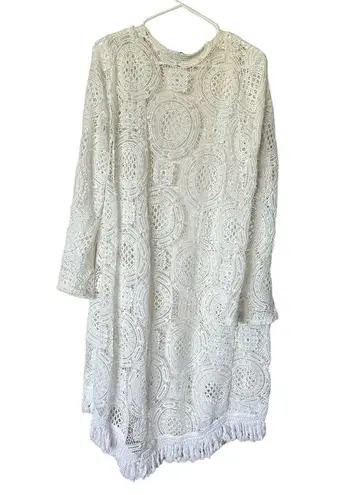 Retro Threads White Crochet Cardigan Duster Fringe Boho XXL