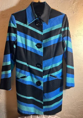 Vesti Multicolor Striped Trench Coat pockets button front black blues collar 8