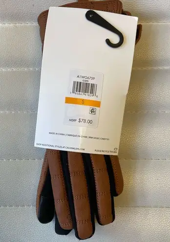 Calvin Klein  Leather Touchscreen Gloves Brown Black Quilted Small NEW