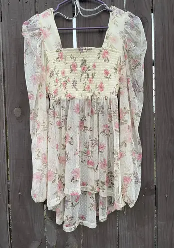 Square neck floral print sweet coquette sheer long sleeve top Pink Size L