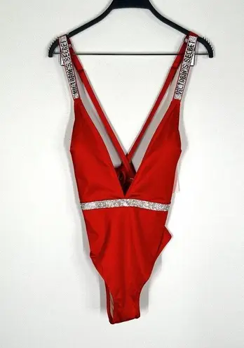 Victoria's Secret New  Sz L Shine Strap Plunge One Piece Swimsuit Bling Bikini