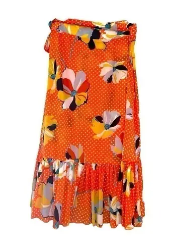 CAbi  Orange Polka & Floral Wrap Skirt  Size XS