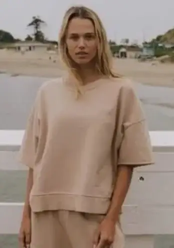 Cuyana Short Sleeve Sweatshirt with Tassels in Blush Pink size XL