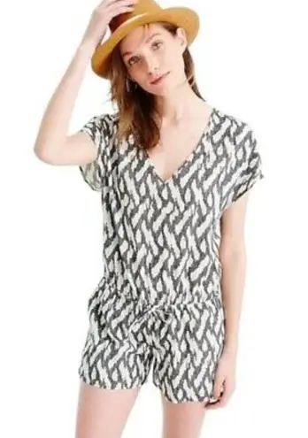 J.Crew  Linen Blend Short Sleeve Romper w/ pockets in Black White Ikat Print, XS