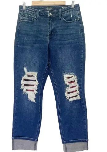 Judy Blue Buffalo Plaid Patch Midrise Cuffed Boyfriend Jeans Dark Wash Size 29