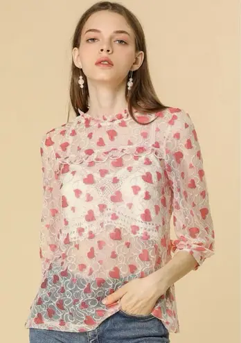 Allegra K Fairy Heart Ruffle Mock Neck Sheer Mesh Lace Top Sz XL Cottage Prairie Romantic