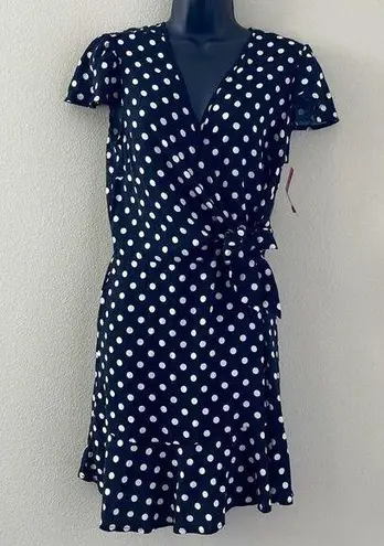 Xhilaration NWT  WOMENS RUFFLED BLACK W WHITE POLKA DOT WRAP DRESS SIZE L