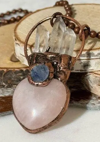 Rose Quartz Heart Necklace with Quartz Points, Kyanite and on 36” chain Pink